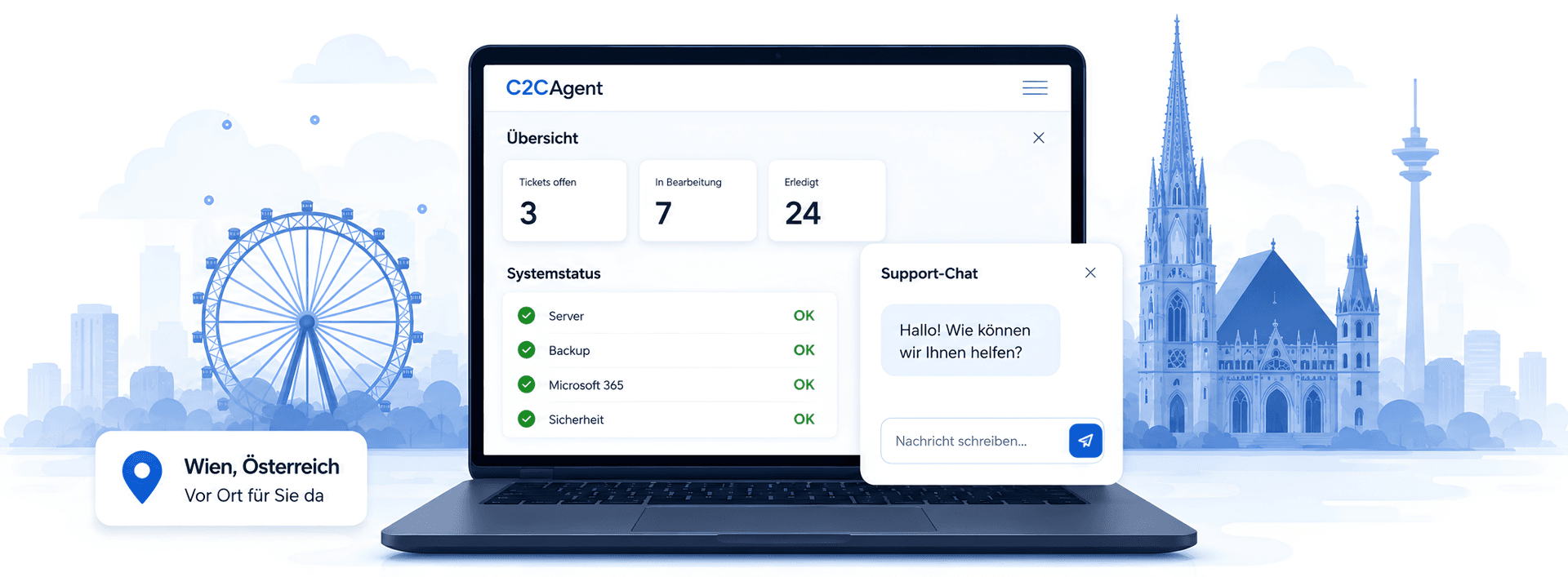C2CAgent Support Dashboard mit Wien-Illustration